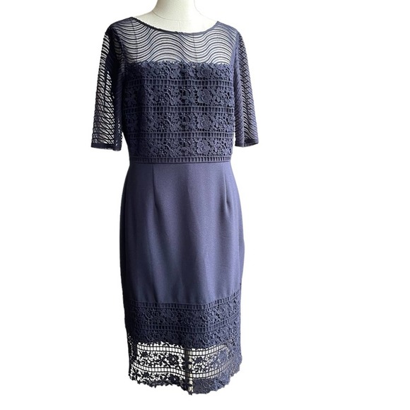 Katherine Kelly Navy Lace Inset Short Sleeve Midi Sheath Dress in size 10. - Picture 2 of 14